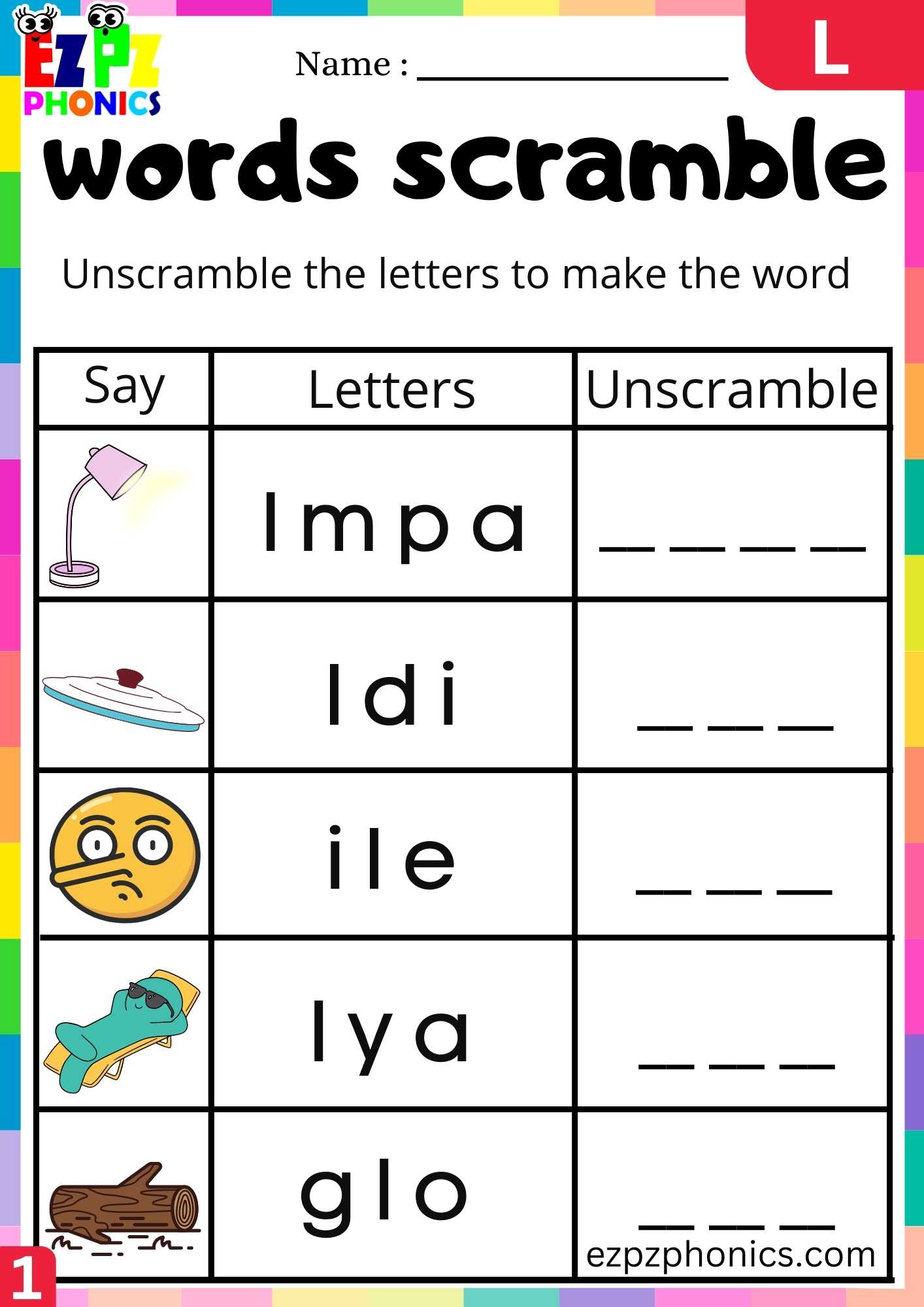 Letter L Words Scramble Beginning Sounds Worksheet